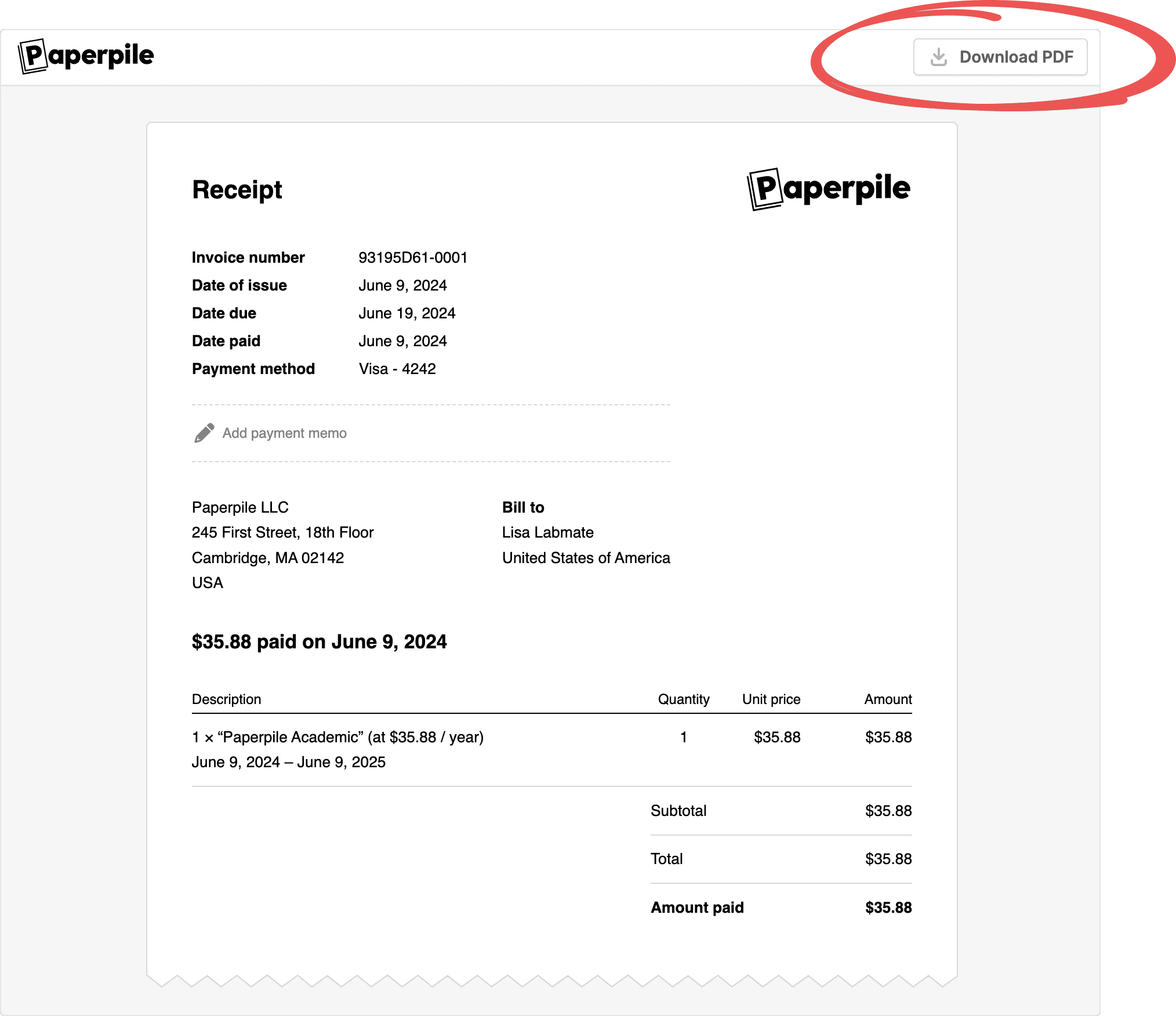 A paid Paperpile receipt showing invoice number, dates, payment method, biller and “Bill to” addresses and a $35.88 line item for Paperpile Academic, with the “Download PDF” button circled at the top right.